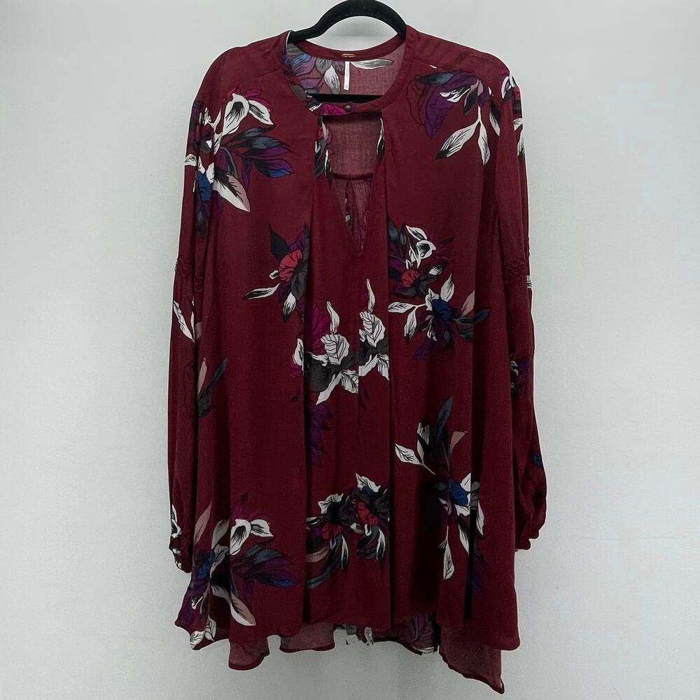 Free People Tunic Dress Wms XS Burgundy Floral Long Sleeve Boho Festival Pockets